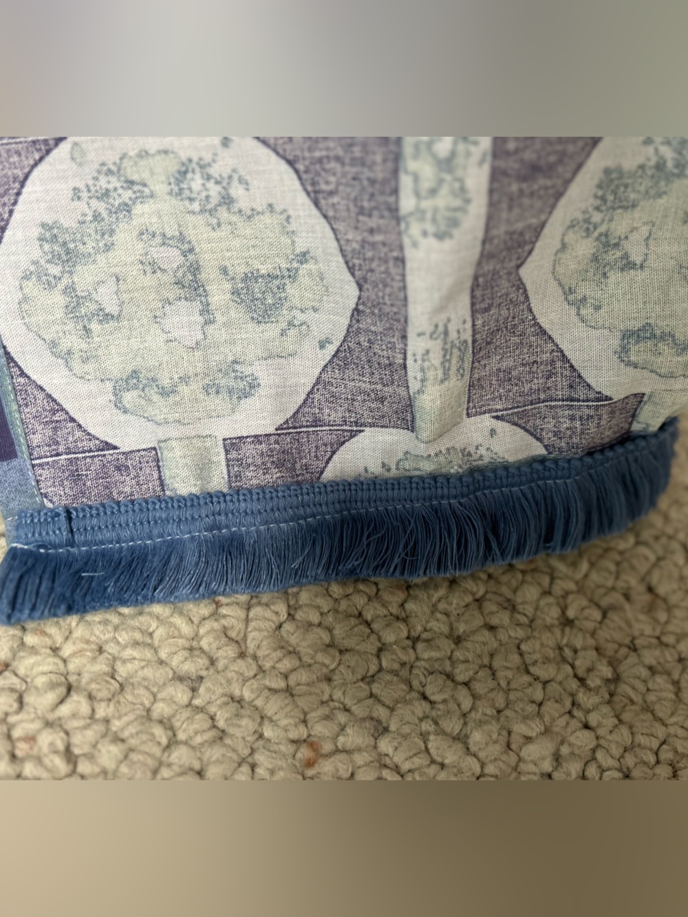 Blue Geometric Shower Curtain w/Tan Pom-Poms thru-out + blue fringe hem. So cute - Picture 5 of 6